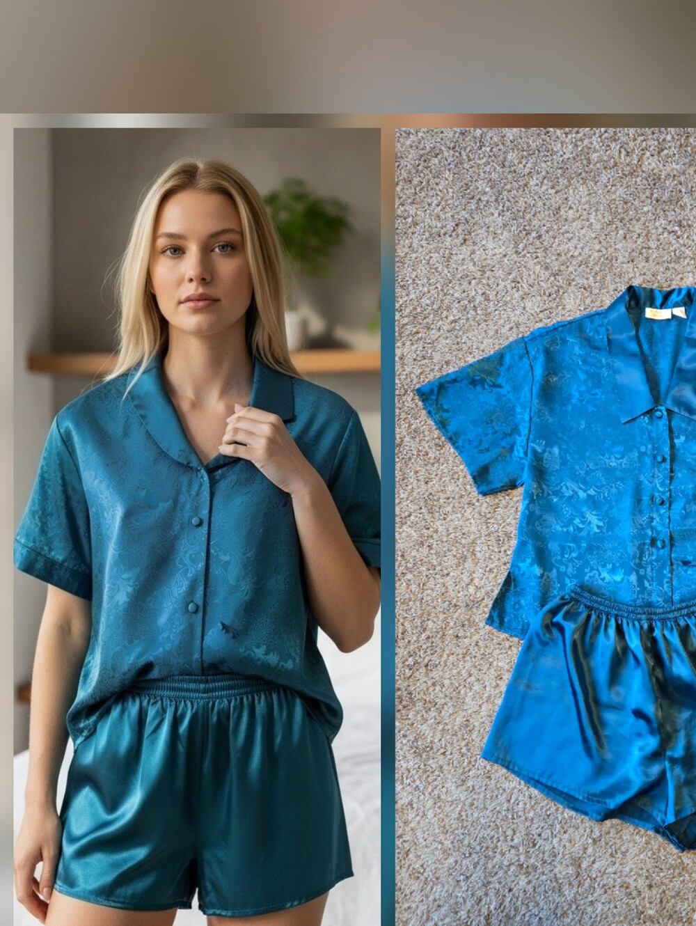 VTG Victoria's Secret Gold Label Jacquard Floral Teal M Pajama Set Shorts & Top